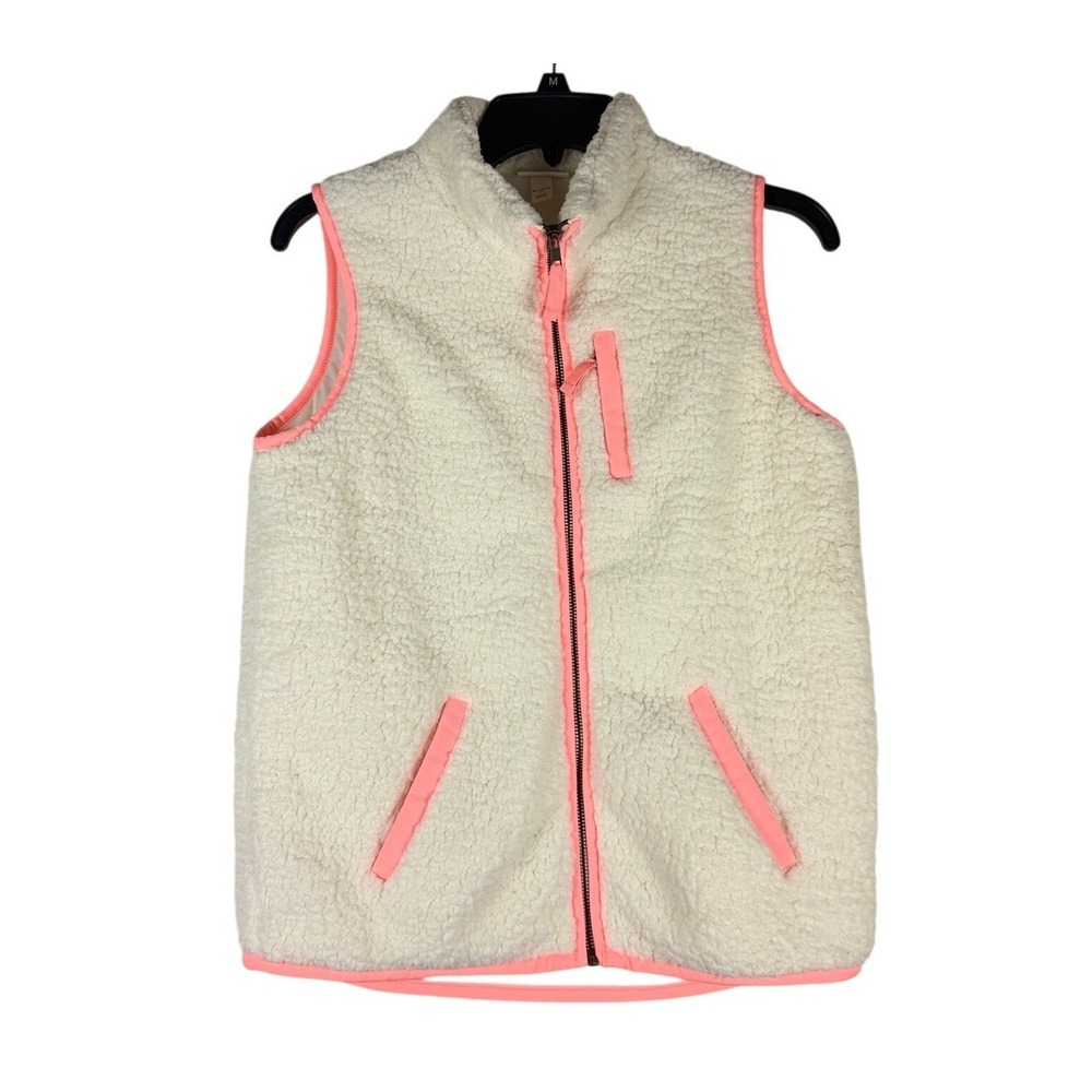 Cat & Jack Girls XL 14/16 Sherpa Fleece‎ Vest Cream White Neon Pink Trim Zip Up